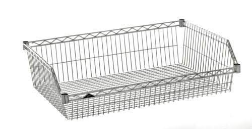 The Metro BSK1824NC Super Erecta Basket Shelving, 18 x 24, features a sleek chrome finish with an open design, reinforced edges, and a durable grid pattern on the base and sides—ideal for storage or organization.