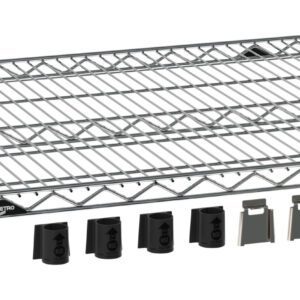 The Metro EZA-1836NC Super Erecta EZ-ADD Wire Shelf features a durable metal design with a chrome finish, measuring 18 x 36. It comes with four black plastic clips for secure attachment and four silver hooks for added utility.