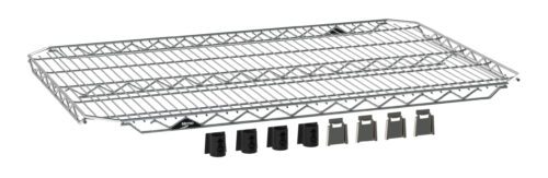 The Metro EZA-1836NC Super Erecta EZ-ADD Wire Shelf features a durable metal design with a chrome finish, measuring 18 x 36. It comes with four black plastic clips for secure attachment and four silver hooks for added utility.