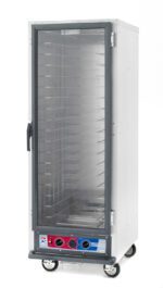 The Metro C519-PFC-4A C5 1 Series full-height stainless steel proofing cabinet features fixed wire slides, a glass front door, and control knobs at the bottom. Powered by 1440W, it is mounted on casters for easy mobility.