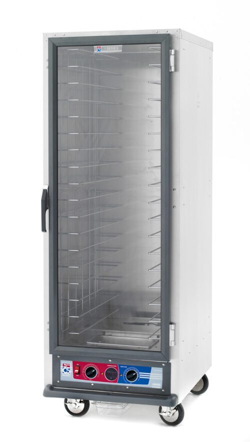 The Metro C519-PFC-4A C5 1 Series full-height stainless steel proofing cabinet features fixed wire slides, a glass front door, and control knobs at the bottom. Powered by 1440W, it is mounted on casters for easy mobility.
