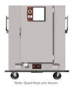 The Metro MBQ-120 One-Door Banquet Cabinet is a commercial food warming unit with wheels, featuring a top control panel with dial and display, side handles, and labeled Quad-Heat unit shown. Its a gray Standard Electric Thermal System operating at 120V.
