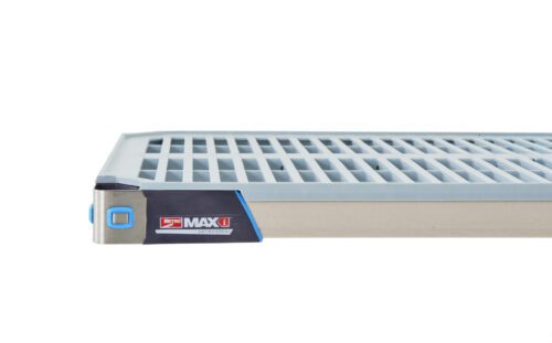 Close-up of the MetroMax i MX2424G Plastic Industrial Shelf with Grid Mat, 24 x 24, featuring a metallic grid-like platform marked MAXXI, elegantly set against a white background in light blue and silver tones.