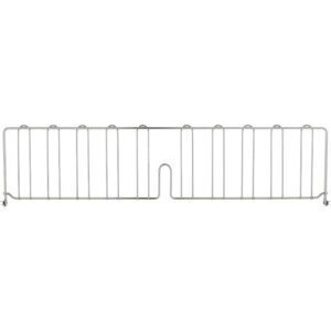 The Metro DD36S Super Erecta shelf divider, 8 high and 36 wide, is made of stainless steel with a grid pattern and U-shaped notch to support wire shelves, offering clean organization with its minimalistic design.