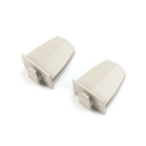 The product consists of two gray plastic end caps, each rectangular with a tab on one side, specifically designed for Metro DCLIP additional clips for light-duty shelf dividers on industrial wire and plastic grid shelving.