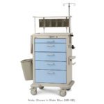 The Metro MBX1310ANES4 Basix Anesthesia Cart features slate blue drawers, a side trash bin, an I.V. pole, and a compartmentalized top shelf. Designed for convenience and mobility, it is equipped with wheels for easy movement throughout medical facilities.