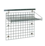 Introducing the Metro SWK36-2 SmartWall Standard-Duty Shelving Task Station. This wall-mounted metal grid organizer with an integrated shelf offers versatile organization and a modern touch with its dark color.