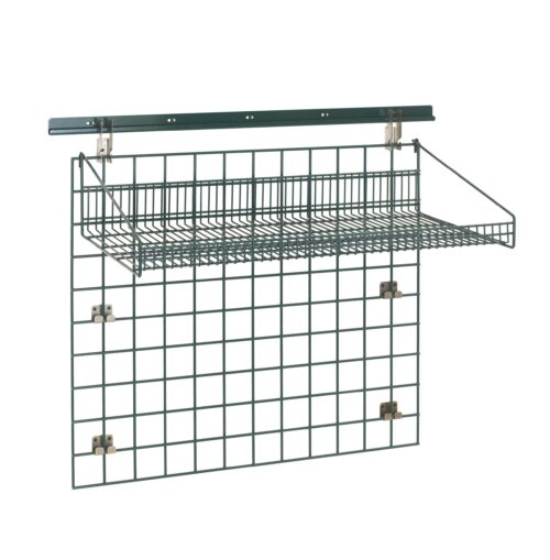 Introducing the Metro SWK36-2 SmartWall Standard-Duty Shelving Task Station. This wall-mounted metal grid organizer with an integrated shelf offers versatile organization and a modern touch with its dark color.
