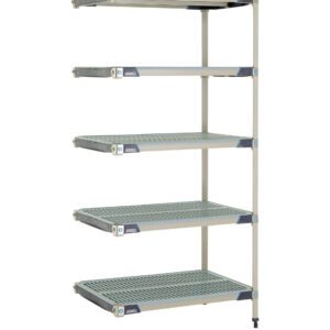 The MetroMax i 5AX537GX3 5-Shelf Plastic Industrial Shelving Add-On Unit features a five-tier design with adjustable wire shelves in a durable grid pattern, supported by sturdy vertical rods, offering ample and evenly spaced storage in its 24 x 36 x 74 frame.