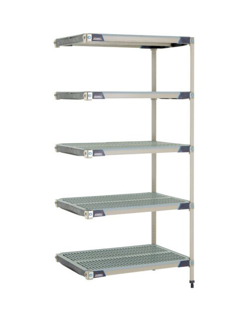 0t423320c5acsmqick1ro0bx5f01ctj6.jpg The MetroMax i 5AX537GX3 5-Shelf Plastic Industrial Shelving Add-On Unit features a five-tier design with adjustable wire shelves in a durable grid pattern, supported by sturdy vertical rods, offering ample and evenly spaced storage in its 24 x 36 x 74 frame.