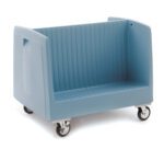 The Metro DSD11 Double-Sided Side-Load Polymer Dish/Tray Cart is a spacious, light blue plastic cart with ribbed sides and an open top, featuring four swivel caster wheels for easy mobility, ideal for efficiently transporting or storing bulky items.