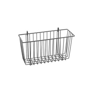 The Metro H209B Storage Basket for Super Erecta Wire Shelving is a sleek black rectangular wire basket, 13.375 x 5 x 7, with an open top and two small hooks on the back, ideal for wall-mounted organization or storage of various items.
