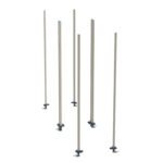 Six slender polymer posts with mounting bases form an upright formation, embodying the Metro LBTAX3 qwikTRAK Double Deep Stationary Intermediate Unit Kit for MetroMax Shelving. The posts are light beige, and the darker, adjustable-looking bases complete the ensemble.