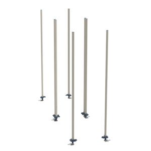 Six slender polymer posts with mounting bases form an upright formation, embodying the Metro LBTAX3 qwikTRAK Double Deep Stationary Intermediate Unit Kit for MetroMax Shelving. The posts are light beige, and the darker, adjustable-looking bases complete the ensemble.