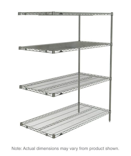 The Metro AN426C Super Erecta 4-Shelf Industrial Wire Shelving Add-On Unit in chrome, with dimensions of 21 x 30 x 63, features four adjustable shelves supported by sturdy poles; note dimensions may vary.