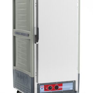 The Metro C537-HLFS-U-GYA C5 3 Series is a mobile, 3/4 height gray insulated holding cabinet with a full-length solid silver door, wheels, handle, and red panel. Featuring two control knobs, it operates at 120V to keep food warm during transport.