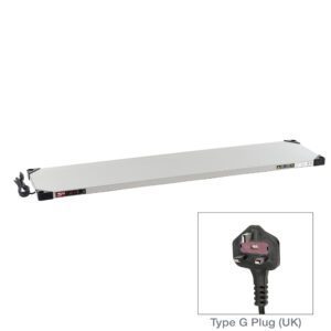 The Metro HSX1460-UK Super Erecta Heated Shelf is a slim, rectangular white metal heater with controls on one end and a UK Type G plug attached to its power cable. This efficient 504-600W device operates at 220-240V and measures 14 x 60.