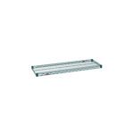 The Metro Super Erecta 1442NK3 Industrial Wire Shelf, featuring a grid pattern and raised edges, combines style with functionality. This 14 x 42 shelf in Metroseal Green Epoxy stands elegantly on a white background with its sleek industrial design.