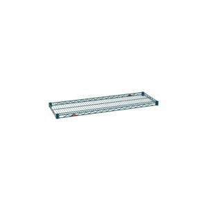 The Metro Super Erecta 1442NK3 Industrial Wire Shelf, featuring a grid pattern and raised edges, combines style with functionality. This 14 x 42 shelf in Metroseal Green Epoxy stands elegantly on a white background with its sleek industrial design.