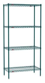 The Metro EZ1836NK3-4 Super Erecta features a Metroseal Green Epoxy unit measuring 18 x 36 x 74, with four adjustable wire shelves on vertical poles and red fasteners. Its open industrial design is perfect for efficient organization.