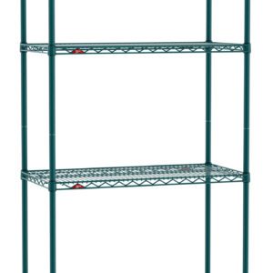 The Metro EZ1836NK3-4 Super Erecta features a Metroseal Green Epoxy unit measuring 18 x 36 x 74, with four adjustable wire shelves on vertical poles and red fasteners. Its open industrial design is perfect for efficient organization.