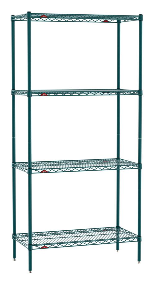 The Metro EZ1836NK3-4 Super Erecta features a Metroseal Green Epoxy unit measuring 18 x 36 x 74, with four adjustable wire shelves on vertical poles and red fasteners. Its open industrial design is perfect for efficient organization.