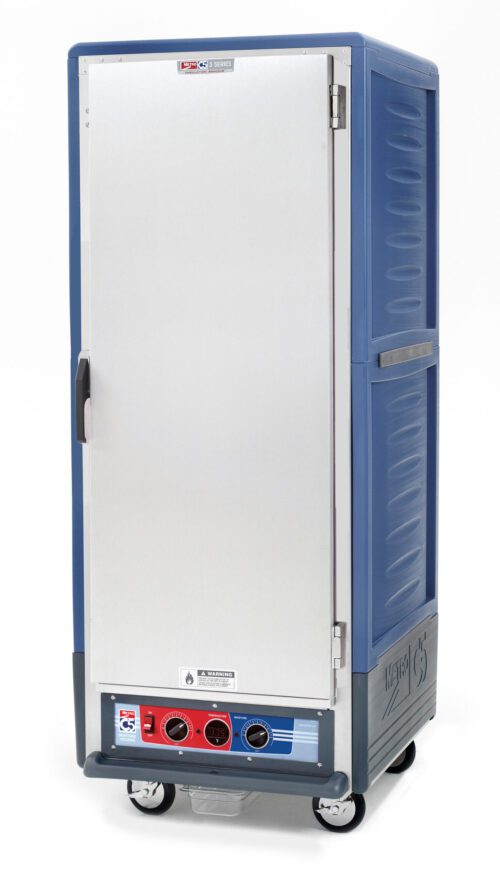 The Metro C539-MXFS-U-BUA C5 3 Series is a full-height insulated moisture heated holding/proofing cabinet with a blue-gray exterior and stainless steel solid front door. It features Universal Wire Slides, control dials, vent, and four wheels for mobility, operating at 220-240V and 50/60Hz.