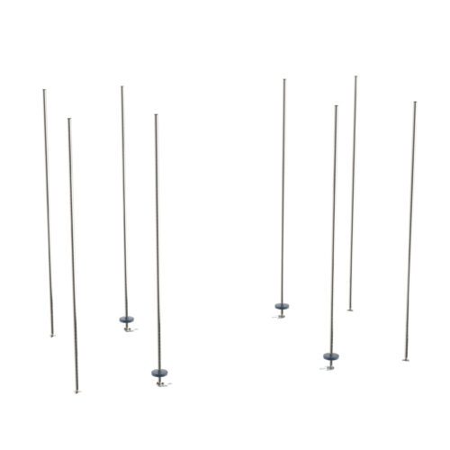 Seven stainless steel poles from the Metro BTES qwikTRAK Stationary End Unit Kit for Super Erecta Wire Shelving stand vertically on a white background, each anchored by a round, black base with a small wing-nut-like attachment near the bottom.