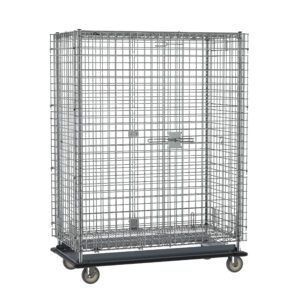 The Metro SEC55LCQ qwikSLOT Heavy-Duty Mobile Security Shelving Unit, Chrome, 28.0625 x 50.5 x 68.4375, features a chrome grid-metal cage on wheels with secure locks, perfect for storage or transport needs.