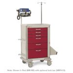 The Metro MBP3210CRT1 Basix Plus Crash Cart includes red drawers, sturdy wheels, an IV pole, and essential medical equipment. Its set against a white backdrop and offers an optional lock bar for security.