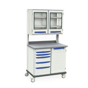 The Metro SXRDENT2 Starsys Mobile Workcenter is a versatile cart featuring a sleek gray countertop, multiple storage compartments, top glass-doored sections, and bottom drawers, all on wheels for easy mobility.