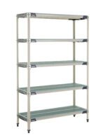 The MetroMax i 5X357GX3 unit is a beige, five-tier shelving solution with perforated shelves, measuring 18 x 48 x 74, perfect for garage, pantry, or office storage. Its sturdy corner posts provide strong support.