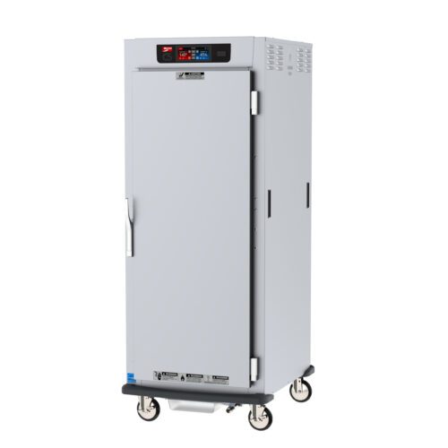 The Metro C599-SFS-L C5 9 is a tall, gray industrial heated holding cabinet on wheels with a full-length solid door. It has a digital display at the top front and a large vertical handle. Equipped with Lip Load Aluminum Slides, it features safety warnings near the bottom.