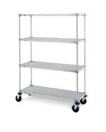 The Metro F556EG Super Erecta Cart features four galvanized metal shelves on wheels in a 24 x 48 x 67.875 design, offering streamlined storage with an industrial look.