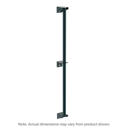 The Metro 13PDFK3 Super Erecta Wall Mount Post is a vertical support bar with three triangular brackets, coated in Metroseal Green Epoxy, standing 13 H. Note that actual product dimensions may vary.