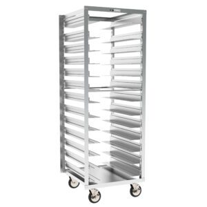The Metro RD78N Adjustable Pan Rack (24.375 x 26 x 69.5) includes multiple shelves for trays, offers easy mobility with four wheels, and is ideal for baking or food service thanks to its open sides and evenly spaced shelves.