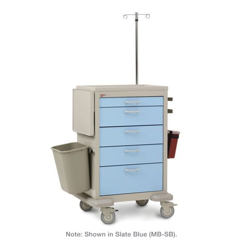 The Metro MBX1310GEN Basix General Supply Cart features a slate blue front, five drawers, and a silver IV pole. It includes a gray waste bin and red container on the sides and moves effortlessly on wheels for superior mobility.