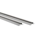 The Metro BTS12NA qwikTRAK Floor Track Shelving Track Set, 12, includes two angled stainless steel bars with a sleek, shiny finish and a top groove. They taper towards the bottom edge and are aligned parallel on a white backdrop.