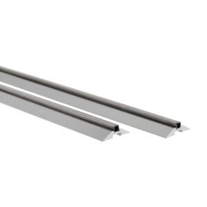 The Metro BTS12NA qwikTRAK Floor Track Shelving Track Set, 12, includes two angled stainless steel bars with a sleek, shiny finish and a top groove. They taper towards the bottom edge and are aligned parallel on a white backdrop.