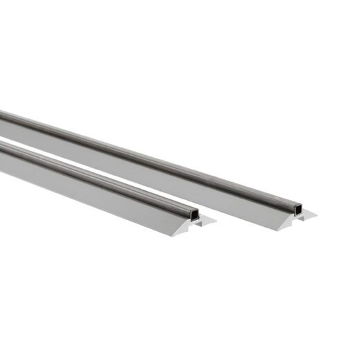 14xts0xrkyze55ry531a1rinwfbnnk9f.jpg The Metro BTS12NA qwikTRAK Floor Track Shelving Track Set, 12, includes two angled stainless steel bars with a sleek, shiny finish and a top groove. They taper towards the bottom edge and are aligned parallel on a white backdrop.