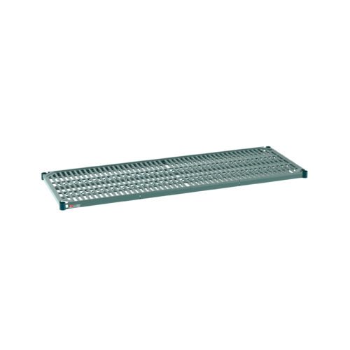 The Metro Super Erecta Pro PR2160NK3 Industrial Wire Restaurant Shelf, 21 x 60, features a sturdy green metal grid with a removable plastic mat, offering smooth surfaces and rounded edges ideal for versatile storage, set against a clean white background.