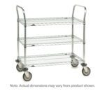 The Metro 3SPN55DC SP Series Utility Cart features three chrome wire shelves, handles, and large rubber wheels. Measuring 24 x 48 x 39, the shelves are evenly spaced. Note: actual dimensions may vary from those shown. Displayed on a white background.