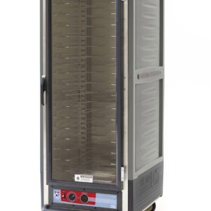The Metro C539-HXFC-U-GY C5 3 Series Insulated Holding Cabinet is a full-height, mobile food warmer with a clear door, universal wire slides, and side handles. Made of stainless steel, it operates at 220-240V and 50/60Hz.