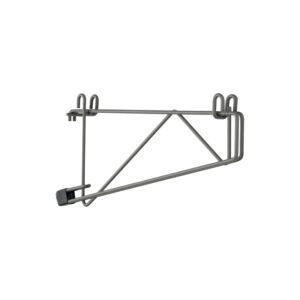 The Metro SWD14K4 SmartWall Double Shelf Support for 14 deep shelves features a triangular wall-mounting structure, multiple hooks, and a dark rectangular cap, all finished in Metroseal Gray Epoxy for durability and style.