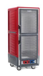 The Metro C539-CLDC-4 C5 3 Series is a full-height, red insulated holding/proofing cabinet with Dutch clear doors, fixed wire slides, control knobs at the bottom, and wheels. It operates efficiently at 120V, 60Hz, and 1440W for optimal food storage in any setting.