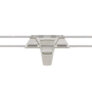 The Metro MXL54-2S Stackable Shelf Ledge for MetroMax i Shelving, measuring 54 L x 2 H, features adjustable clips and gray end hooks on a horizontal bar, offering versatile storage against a white backdrop.