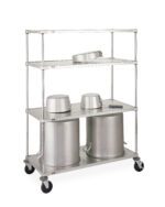 A Metro PR48ES Solid Embossed Shelving Pot and Pan Rack utility cart, featuring three shelves and four wheels for mobility, holds two large cylindrical containers with lids on a white background.