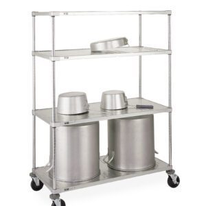 A Metro PR48ES Solid Embossed Shelving Pot and Pan Rack utility cart, featuring three shelves and four wheels for mobility, holds two large cylindrical containers with lids on a white background.