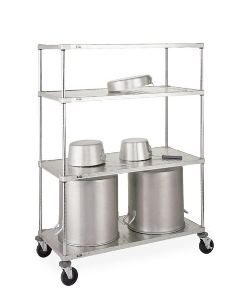 A Metro PR48ES Solid Embossed Shelving Pot and Pan Rack utility cart, featuring three shelves and four wheels for mobility, holds two large cylindrical containers with lids on a white background.