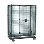 The Metro SEC55LK3 Super Erecta Heavy-Duty Mobile Security Shelving Unit, with a 28.0625 x 50.5 x 68.4375 Metroseal Green Epoxy frame, features a lockable front door and wheels for secure storage or transport.